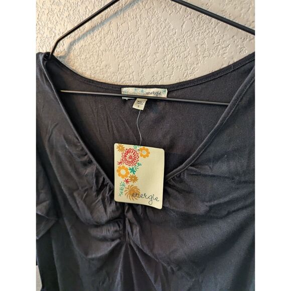 Vintage Y2K Energie Womens Sz L Solid Black Flutter Sleeve Blouse NEW - Picture 2 of 3